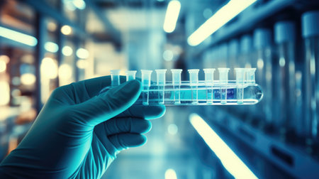 Laboratory glassware in scientist hand, science research and development conceptの素材