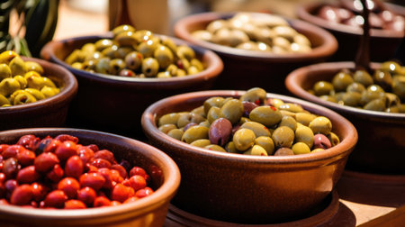 Variety of olives in bowls on a market in Greece.の素材