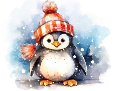 Penguin in winter hat. watercolor illustration.の素材