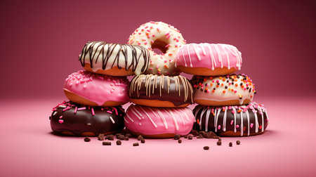 Group of donuts with sprinkles on pink background.の素材