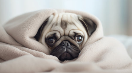 Cute pug dog lying under blanket at home, closeupの素材