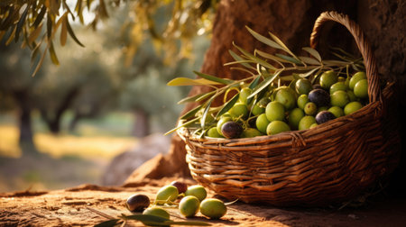 Basket with green olives and olive tree in the background.の素材