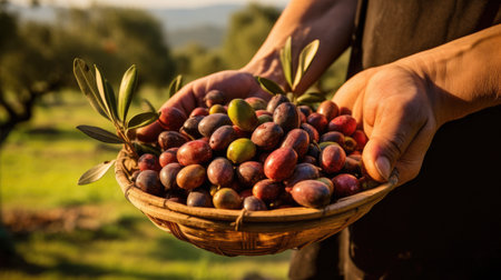 olive harvest, hands holding a basket of freshly harvested olivesの素材