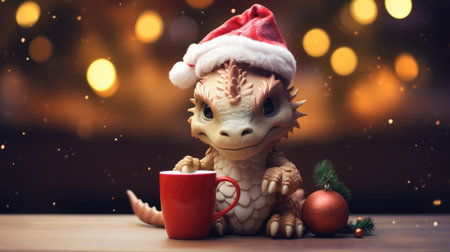 Cute dragon with a cup of coffee and Christmas lights in the backgroundの素材