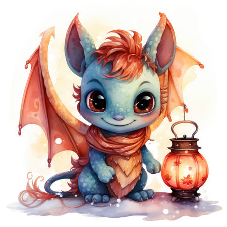 Cute cartoon dragon with a lantern. Watercolor illustration.の素材