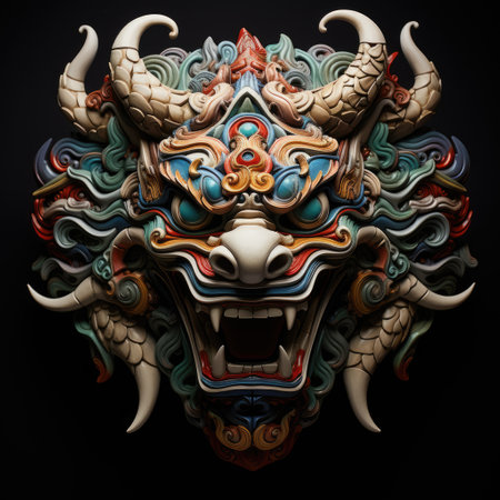 Chinese dragon head on black background.の素材