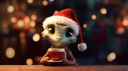 Cute dragon with a cup of coffee on a Christmas background.の素材