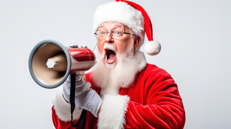 Portrait of Santa Claus shouting through megaphone on white backgroundの素材