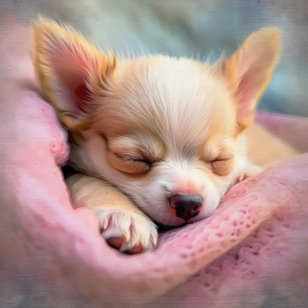 Cute Chihuahua puppy sleeping on a pink blanket.の素材