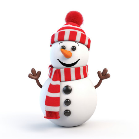 3d rendered snowman character with hat and scarf on white backgroundの素材