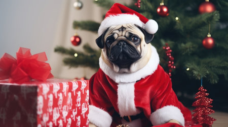 Cute pug dog wearing santa claus clothes sitting near christmas treeの素材