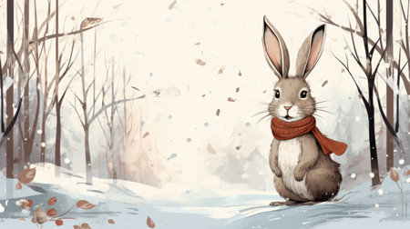 Illustration of a cute little rabbit in the winter forest with falling snowの素材