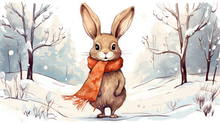 Cute rabbit in the winter forest.の素材
