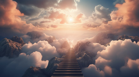 Staircase leading to the sky with clouds.の素材