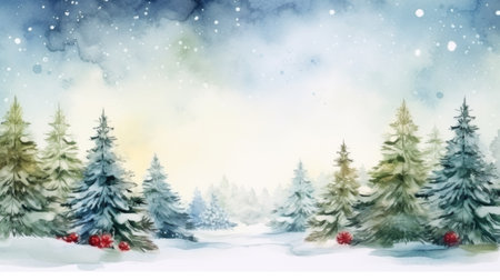 Winter landscape with fir trees and snowflakes. Watercolor painting.の素材