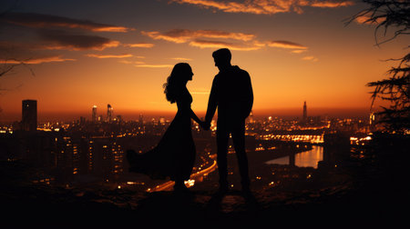 Silhouette of a loving couple against the background of the city at sunsetの素材