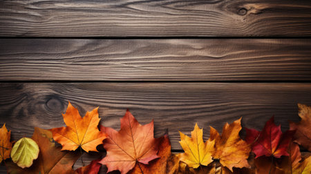 autumn leaves on wooden background. Top view with copy space.の素材