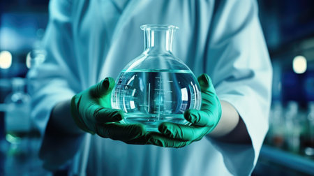 Laboratory glassware in scientist hand, science research and development conceptの素材
