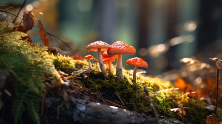 Amanita muscaria mushrooms in autumn forest.の素材