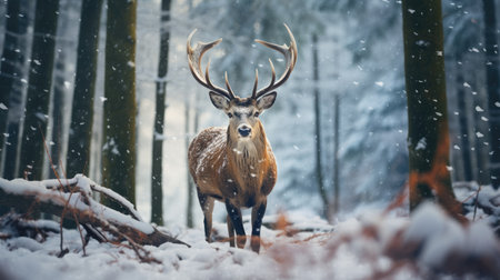Beautiful wild deer in a snowy forest.の素材