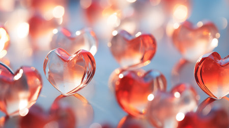 Red glass hearts on a white background. Valentine's day background.の素材