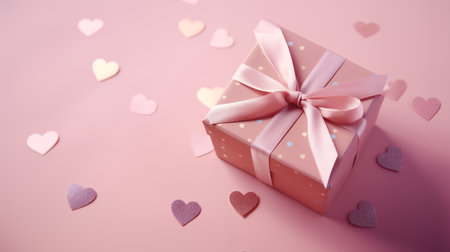Gift box with pink ribbon and hearts on pink background. Valentine's day concept.の素材