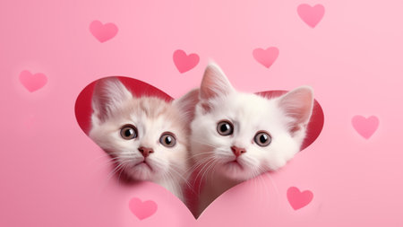 Two white kittens in the shape of a heart on a pink backgroundの素材