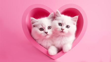Two white kittens in a pink heart.の素材