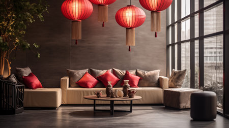 Modern living room interior with Chinese lanterns.の素材