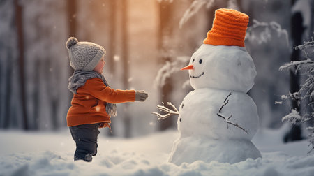 Cute little boy making a snowman in winter forest. Happy child playing outdoors.の素材