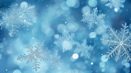 Snowflakes on blue bokeh background. Christmas and New Year conceptの素材