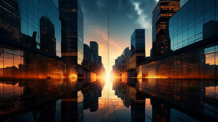 Cityscape of the modern business center at sunset.の素材