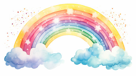 Rainbow sky background with clouds and stars. Watercolor illustration.の素材