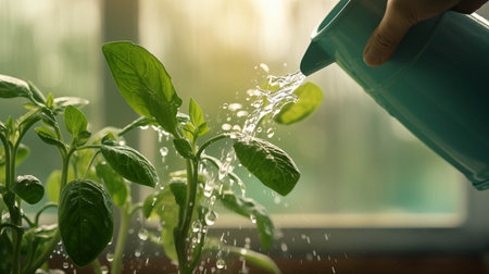 Watering basil seedlings in the window. Gardening concept.の素材