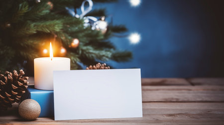 Christmas greeting card with fir tree and candles on wooden table against blue backgroundの素材
