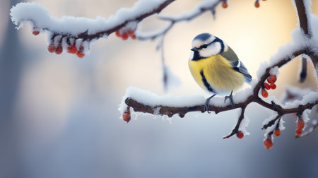 A tit sits on a branch in winter.の素材