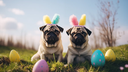 Pug in an Easter bunny costume.の素材