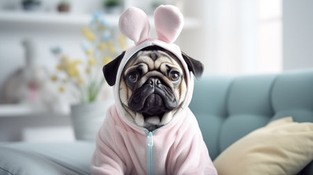 Pug in an Easter bunny costume.の素材