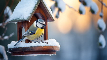 A tit sits on a feeder in winter.の素材