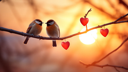 Cute love birds are sitting on a branch. Valentine's day concept.の素材