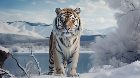 Tiger against the backdrop of a winter landscape.の素材