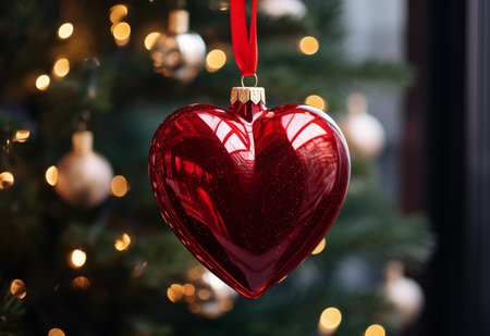 Glass red heart on a Christmas tree.の素材