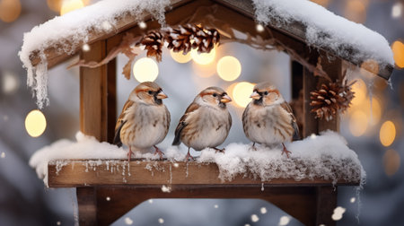 Sparrows sit on a feeder in winter.の素材