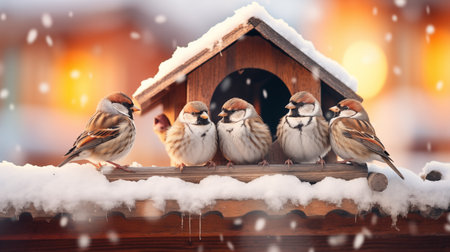 Sparrows sit on a feeder in winter.の素材