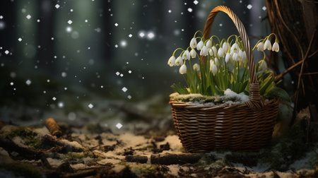 A basket of snowdrops stands on the snow in the forest.の素材