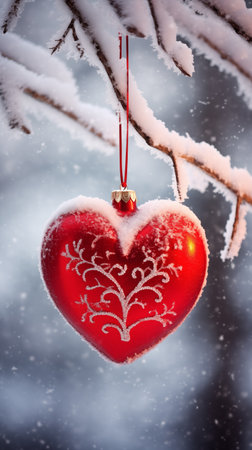 Red heart on a snow-covered branch.の素材