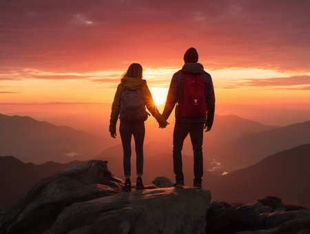 Couple of tourists on top of a mountain at sunset.の素材