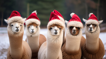 Alpacas on the farm. A herd of alpacas wearing hats in winter.の素材