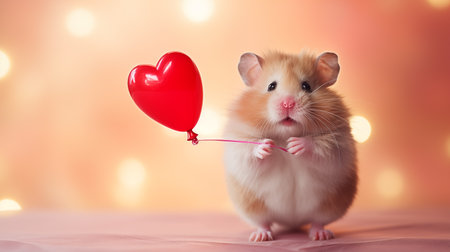 Hamster holding a red heart-shaped balloon.の素材