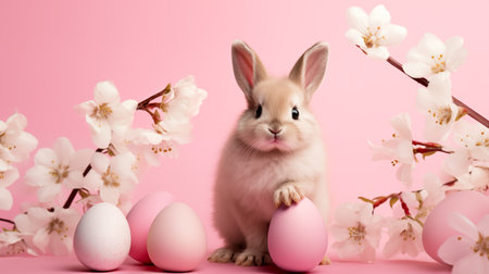 Easter bunny with painted eggs. Easter holiday concept.の素材